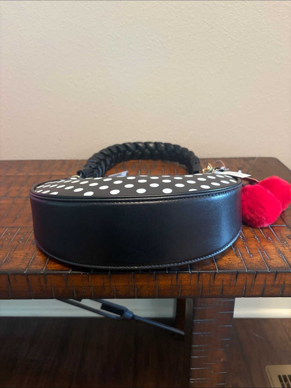 Betsey Johnson Black & White Polka Dot Crescent Shoulder Bag with Cherry Charm - Picture 8 of 16